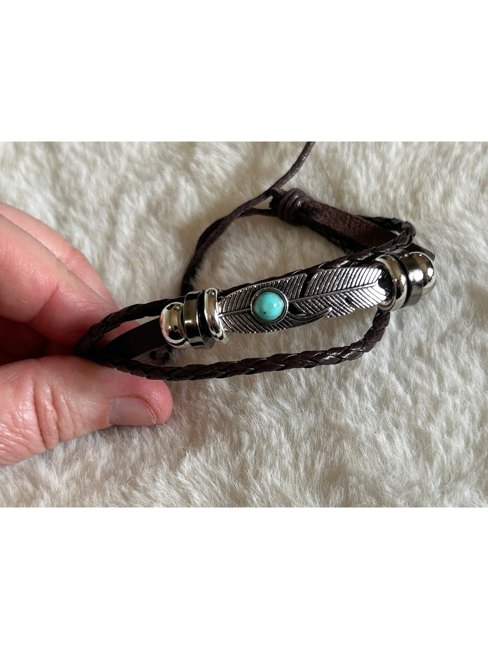 Brown Leather and Silver Feather Bracelet with Turquoise Accent